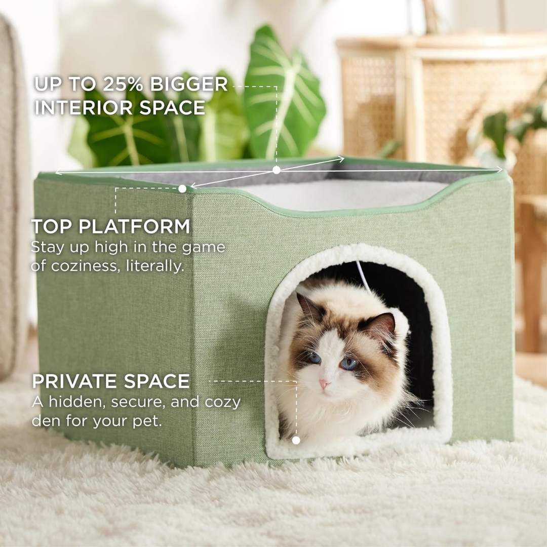 Indoor Cat Bed - Large Cat Cave for Pet Cat House with Fluffy Ball Hanging and Scratch Pad, Foldable Cat Hideaway