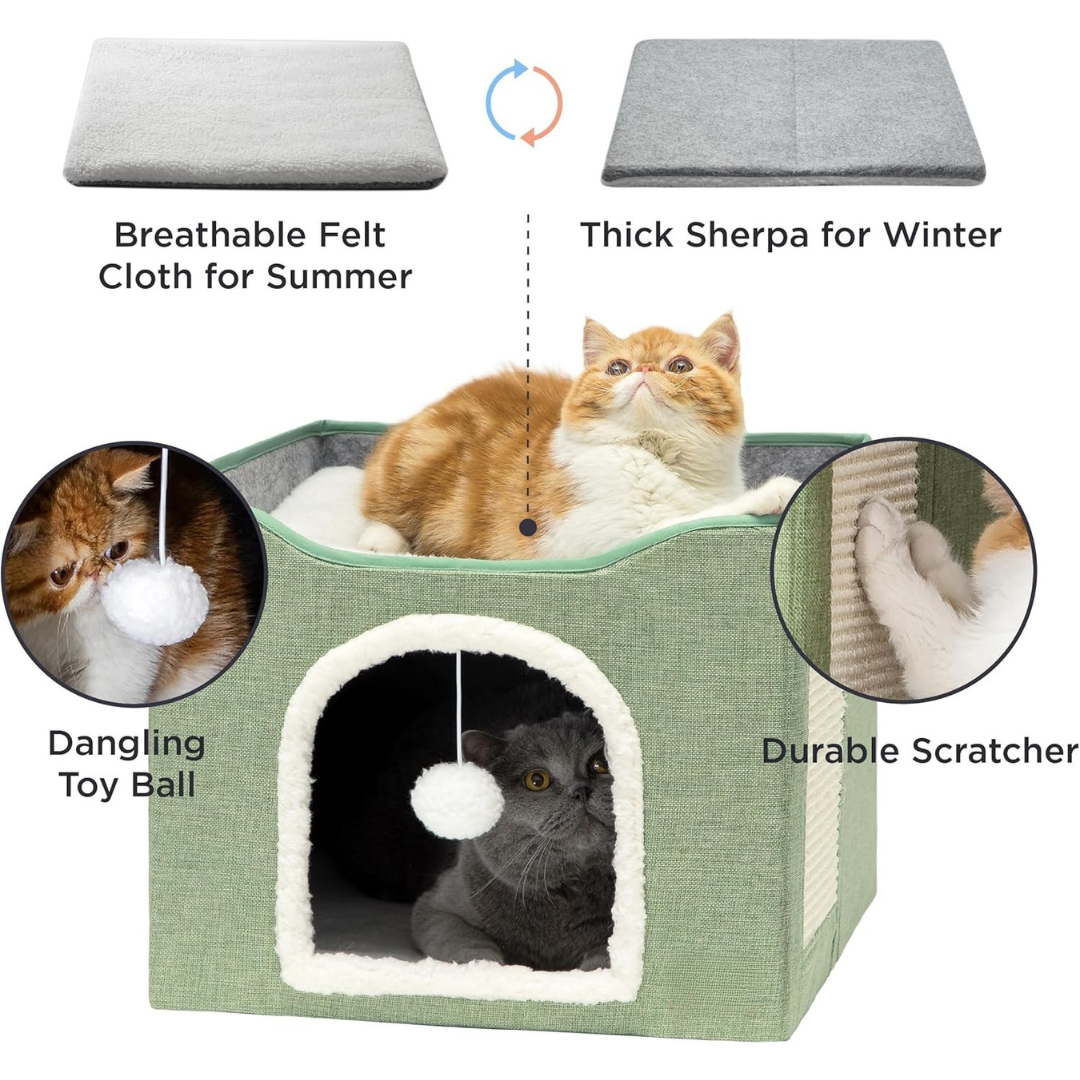 Indoor Cat Bed - Large Cat Cave for Pet Cat House with Fluffy Ball Hanging and Scratch Pad, Foldable Cat Hideaway