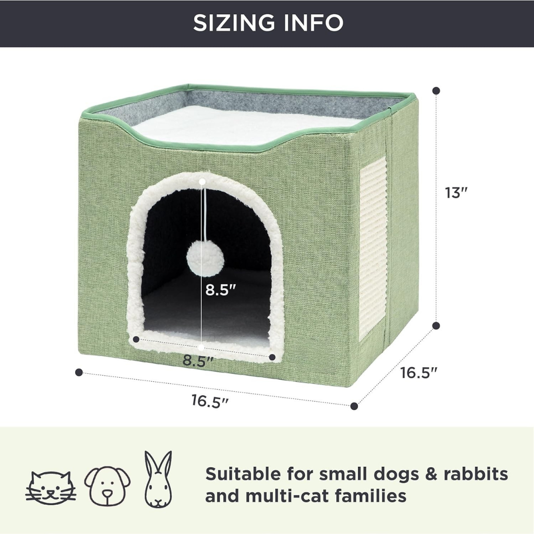 Indoor Cat Bed - Large Cat Cave for Pet Cat House with Fluffy Ball Hanging and Scratch Pad, Foldable Cat Hideaway