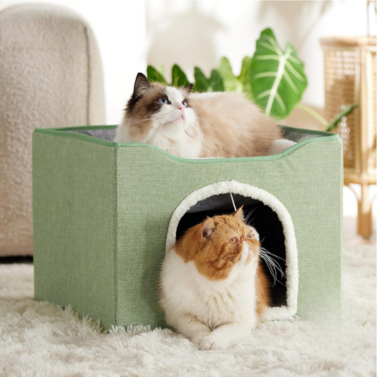 Indoor Cat Bed - Large Cat Cave for Pet Cat House with Fluffy Ball Hanging and Scratch Pad, Foldable Cat Hideaway