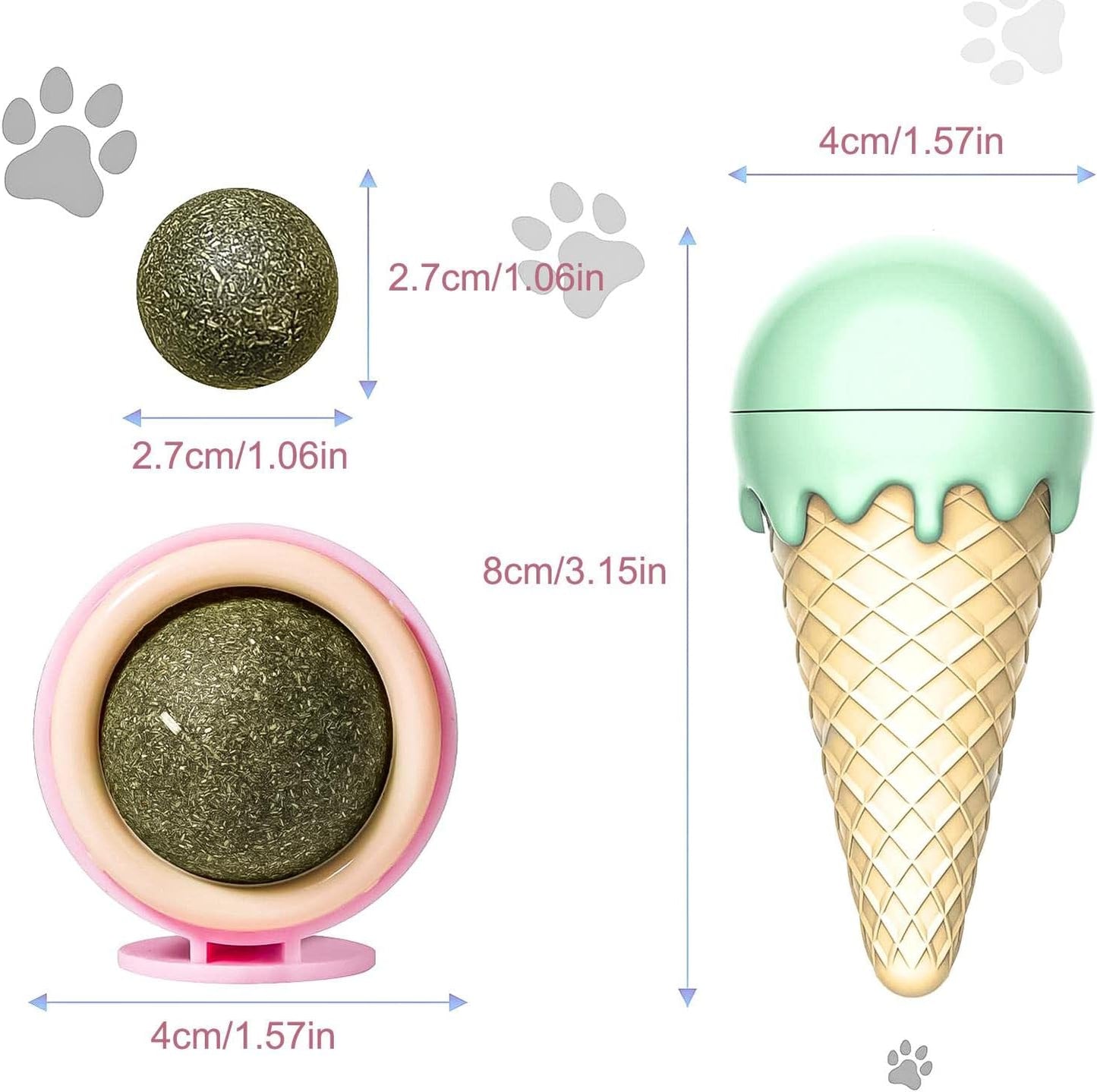Rotatable Catnip Balls, Adorable Ice Cream Cat Toy, Safe Edible Cat Toys for Indoor Cat Kittens Chewing and Licking Playing