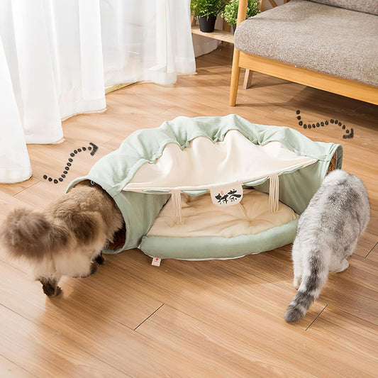 Cat Tunnel Bed for Indoor Cats – 2-in-1 Collapsible Cat Play Tunnel with Hanging Toy | Foldable Washable Cat Cave Hideaway for Kittens & Rabbits