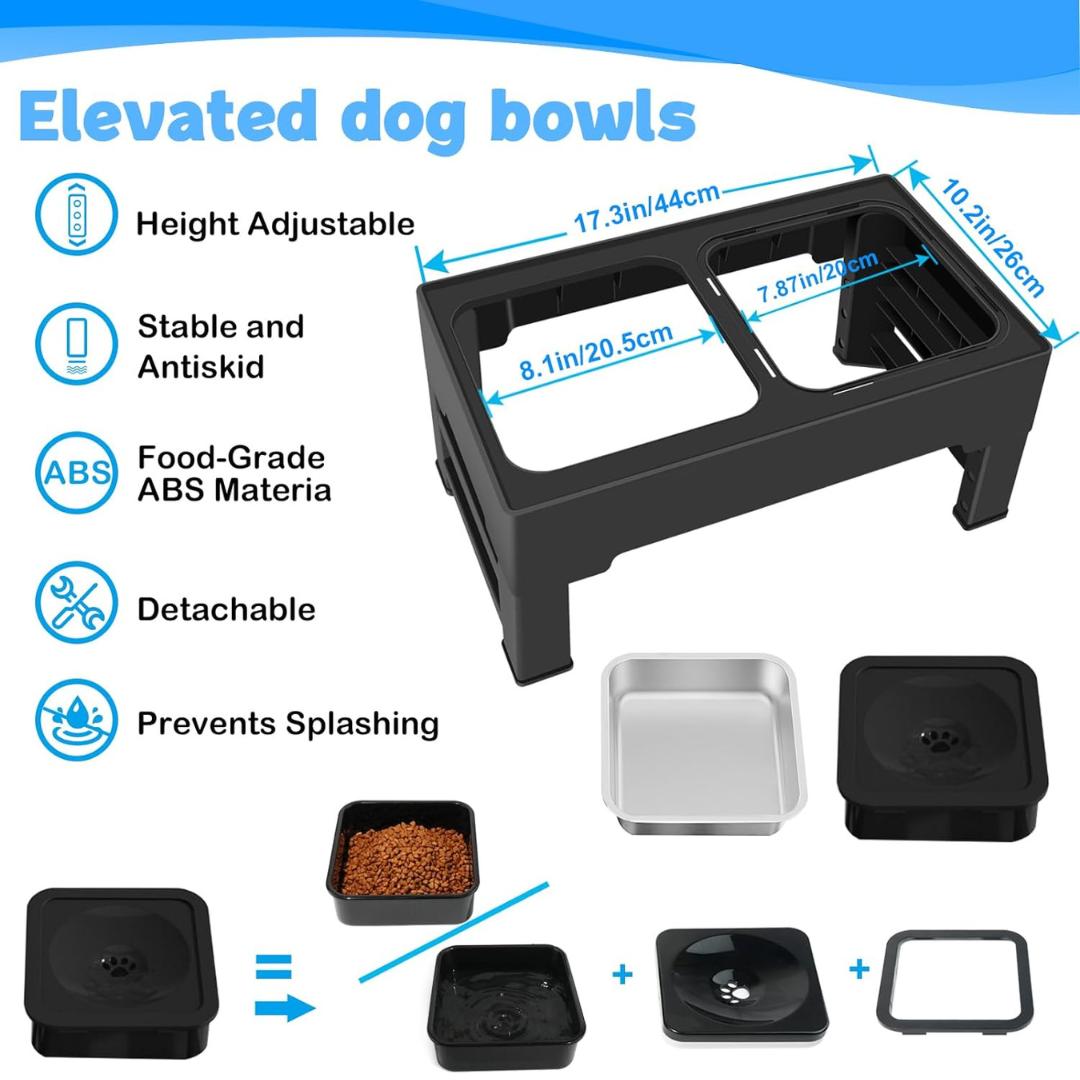 Elevated Dog Bowls – 4 Height Adjustable Raised Stand with Stainless Steel or Slow Feeder Bowl & No Spill Water Bowl | Non-Slip Dog Feeding Station for Small Medium Large Dogs