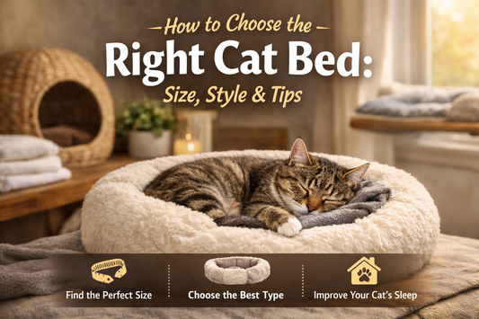 Right cat bed guide image with a cat sleeping in a cozy bed, highlighting size, style, and comfort factors for better sleep
