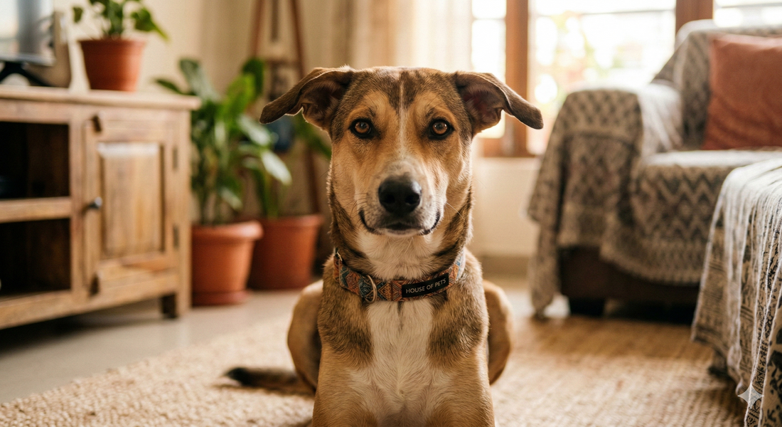 A medium-sized Indie dog with floppy ears looking happily at the camera from a cozy living room.