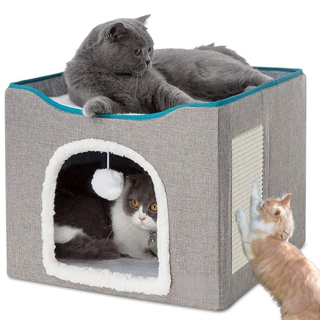 Cat Beds for Indoor Cats – Large Cat Cave House with Fluffy Ball Hanging & Scratch Pad | Foldable Cat Hideaway Condo for Kittens & Multiple Cats