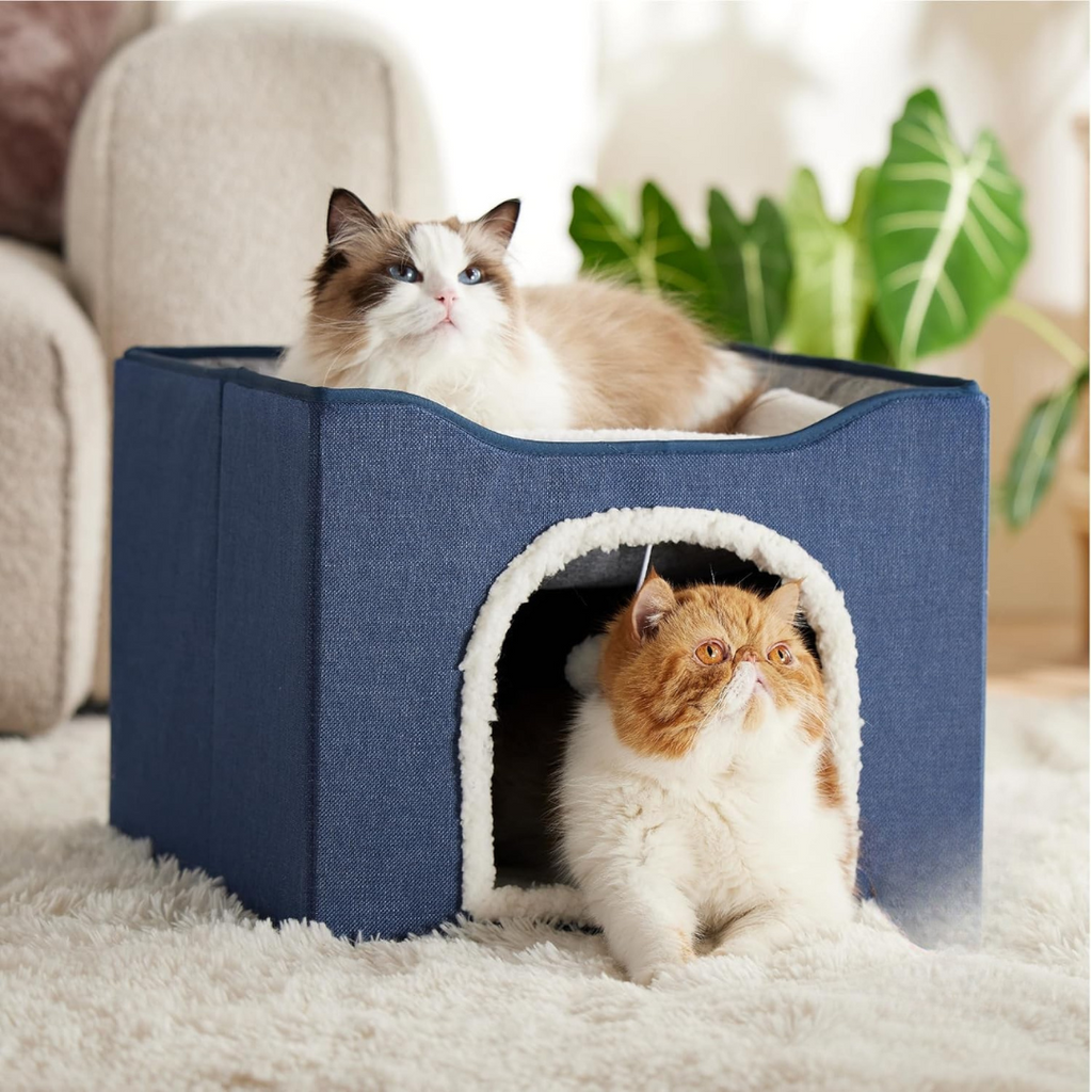 Cat Beds for Indoor Cats – Large Cat Cave House with Fluffy Ball Hanging & Scratch Pad | Foldable Cat Hideaway Condo for Kittens & Multiple Cats
