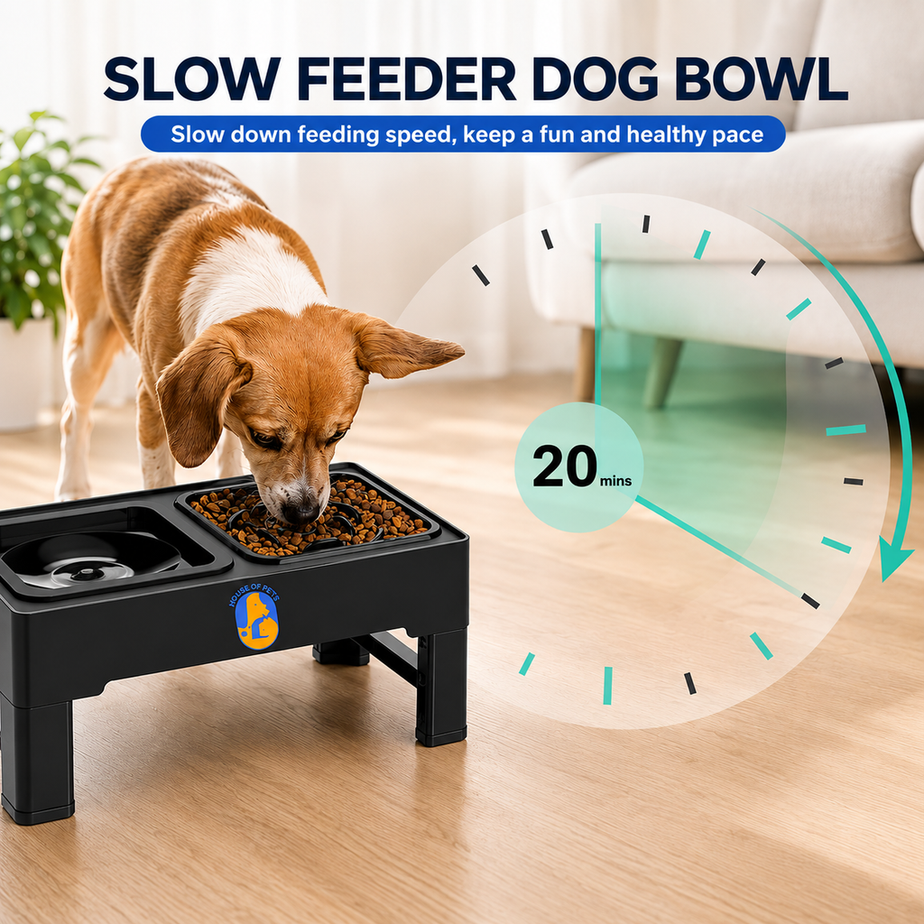 Elevated Dog Bowls – 4 Height Adjustable Raised Stand with Stainless Steel or Slow Feeder Bowl & No Spill Water Bowl | Non-Slip Dog Feeding Station for Small Medium Large Dogs