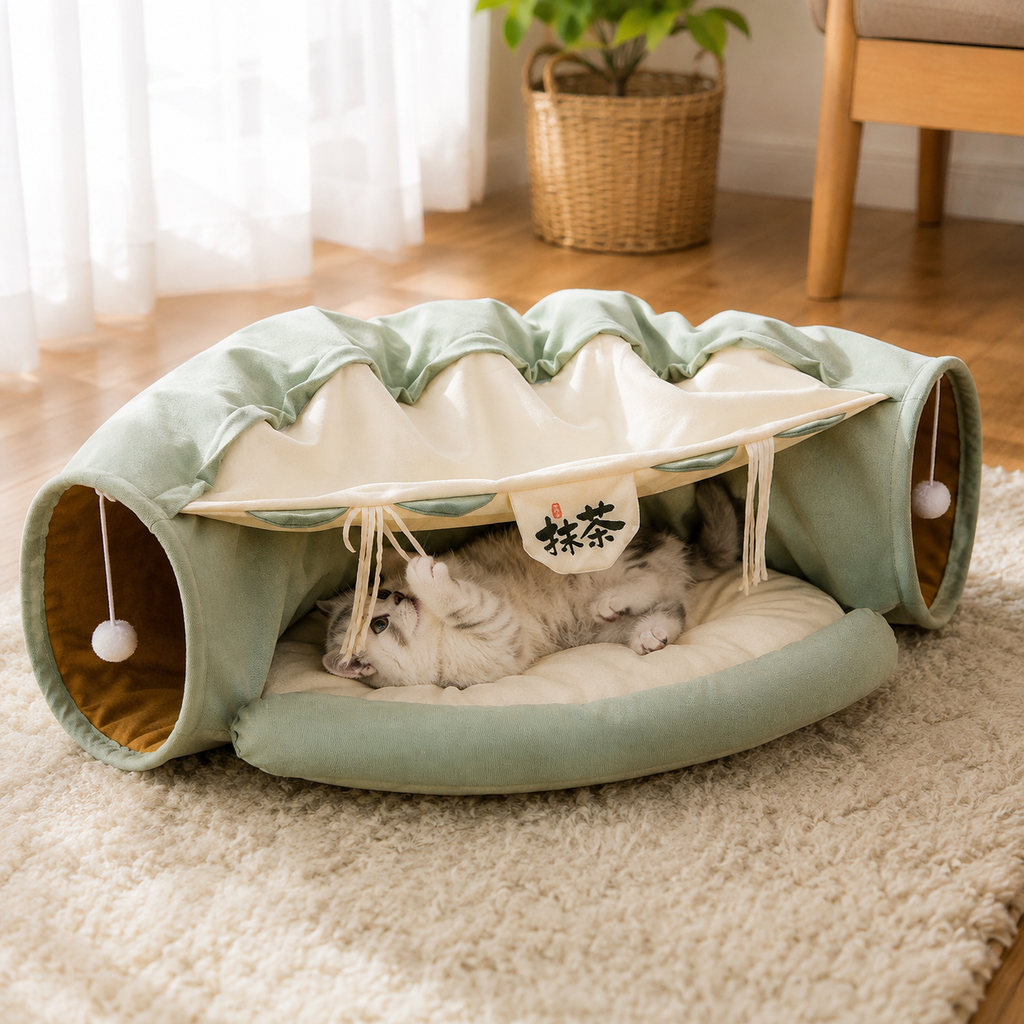 Cat Tunnel Bed for Indoor Cats – 2-in-1 Collapsible Cat Play Tunnel with Hanging Toy | Foldable Washable Cat Cave Hideaway for Kittens & Rabbits