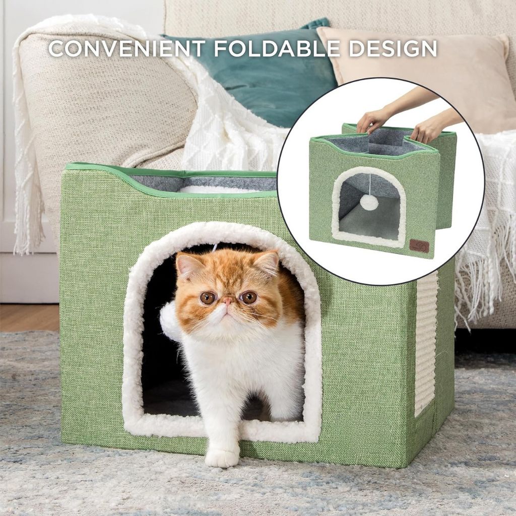 Cat Beds for Indoor Cats – Large Cat Cave House with Fluffy Ball Hanging & Scratch Pad | Foldable Cat Hideaway Condo for Kittens & Multiple Cats
