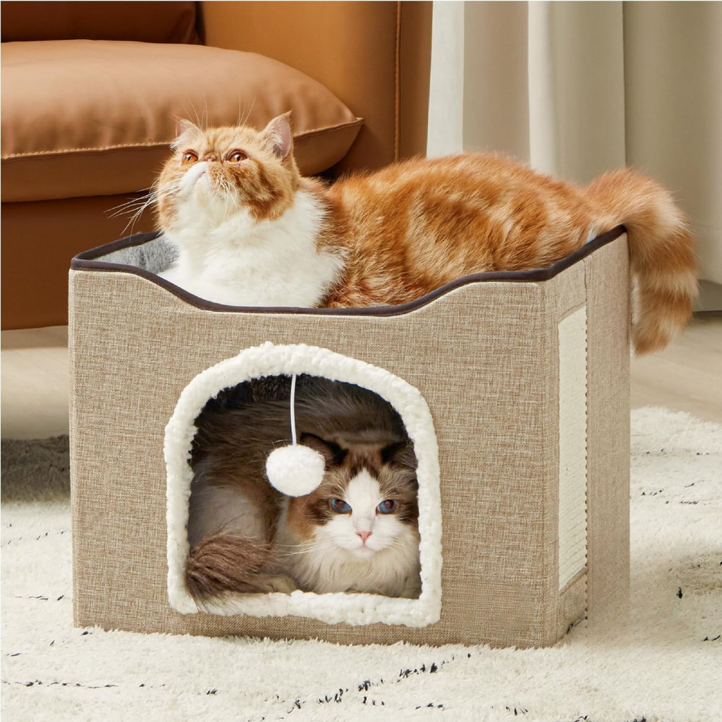 Cat Beds for Indoor Cats – Large Cat Cave House with Fluffy Ball Hanging & Scratch Pad | Foldable Cat Hideaway Condo for Kittens & Multiple Cats