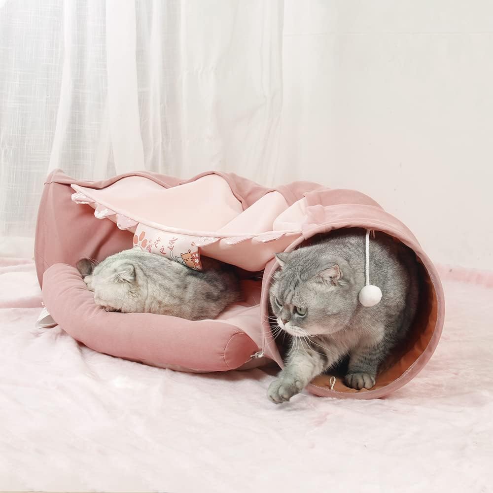 Cat Tunnel Bed for Indoor Cats – 2-in-1 Collapsible Cat Play Tunnel with Hanging Toy | Foldable Washable Cat Cave Hideaway for Kittens & Rabbits