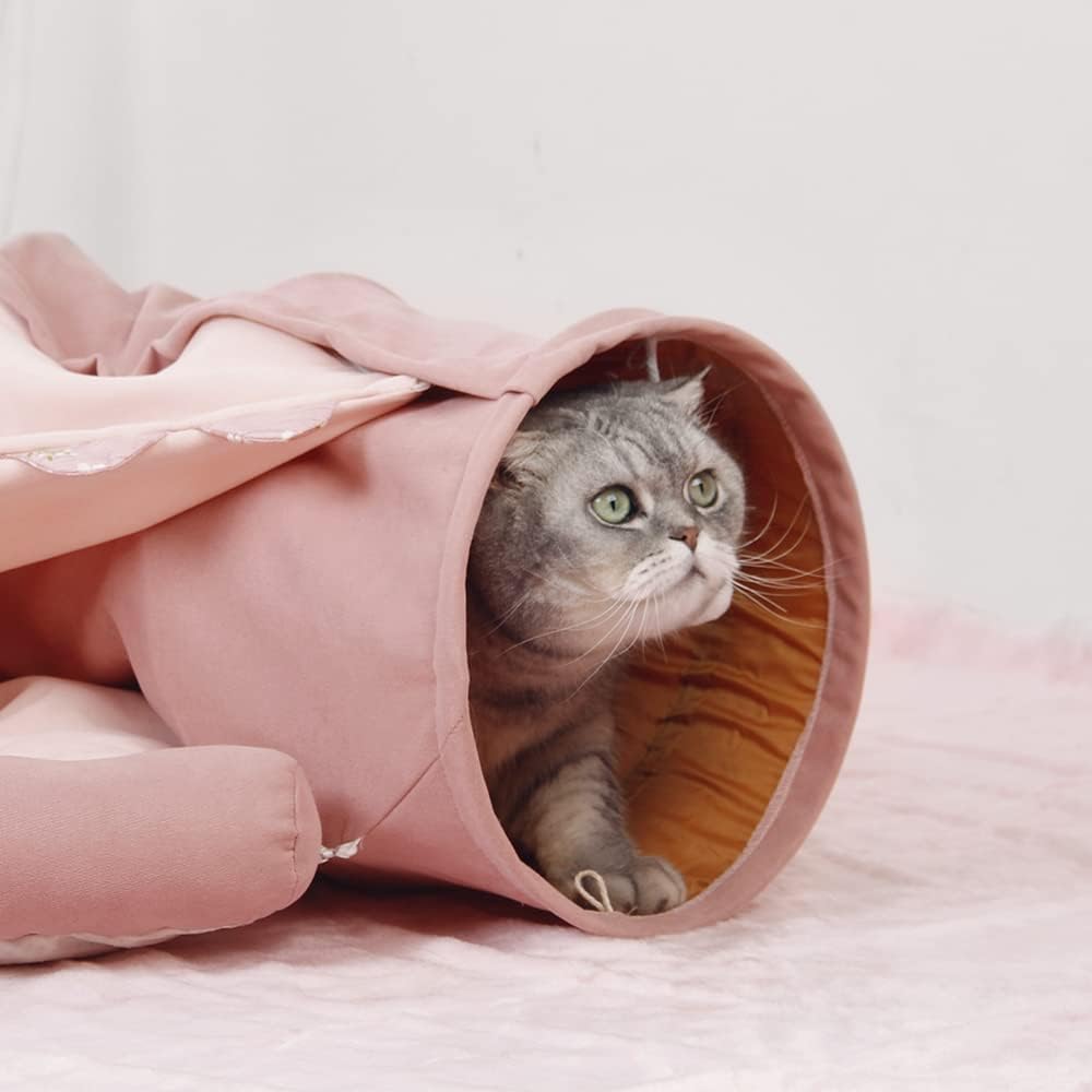 Cat Tunnel Bed for Indoor Cats – 2-in-1 Collapsible Cat Play Tunnel with Hanging Toy | Foldable Washable Cat Cave Hideaway for Kittens & Rabbits