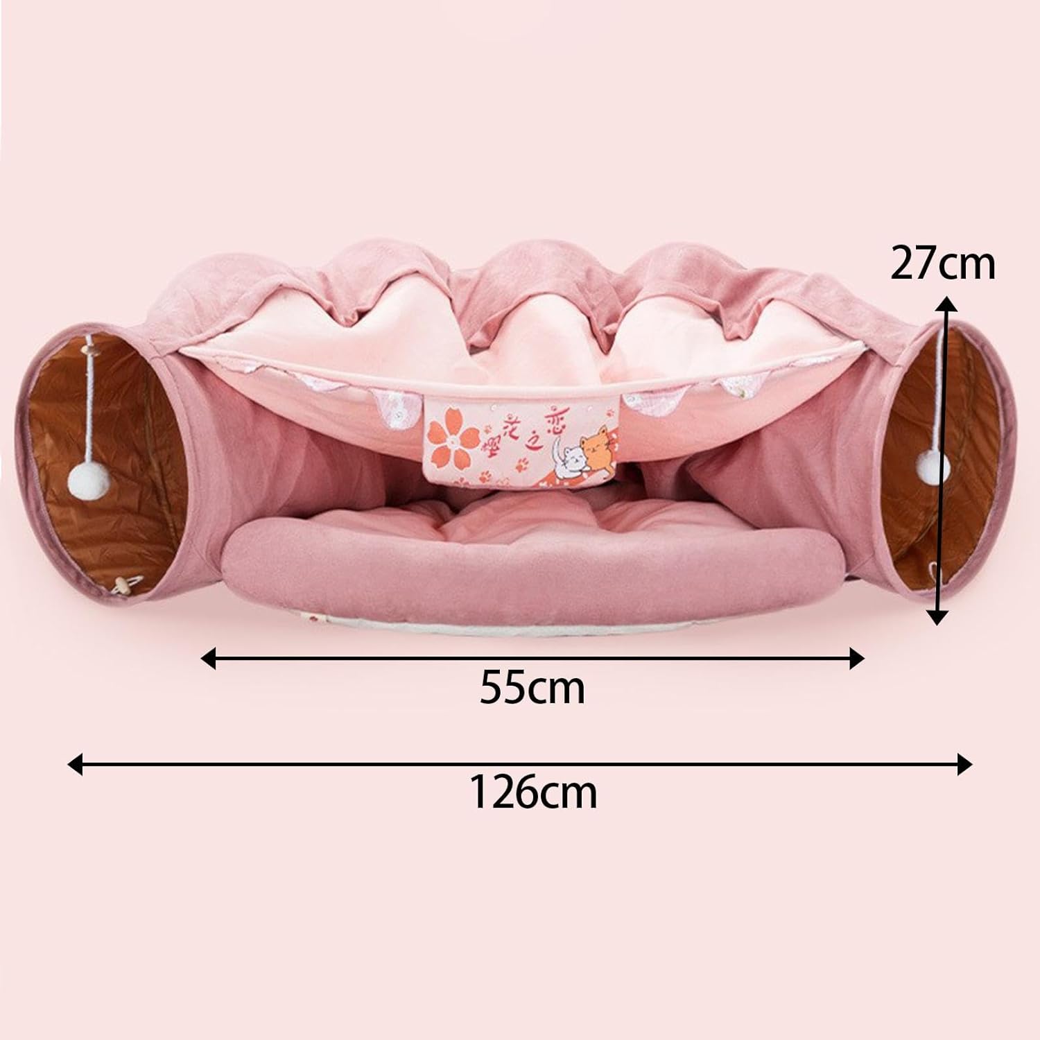 Cat Tunnel Bed for Indoor Cats – 2-in-1 Collapsible Cat Play Tunnel with Hanging Toy | Foldable Washable Cat Cave Hideaway for Kittens & Rabbits