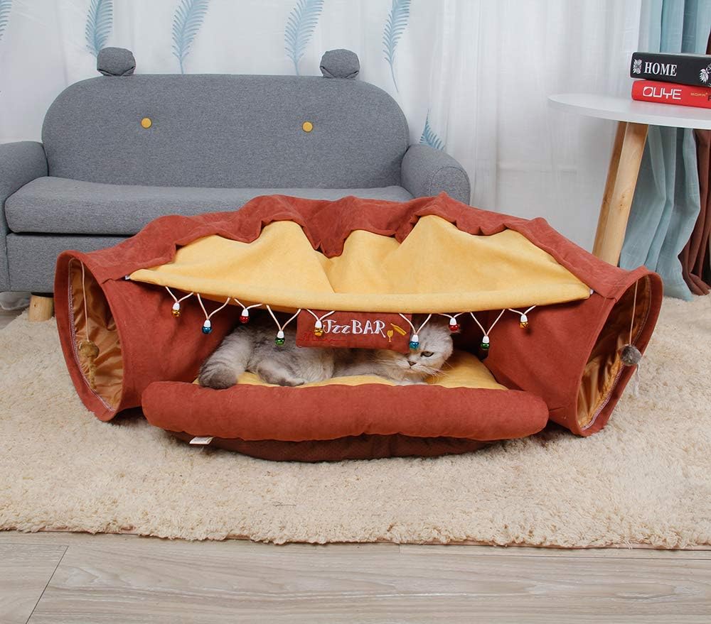 Cat Tunnel Bed for Indoor Cats – 2-in-1 Collapsible Cat Play Tunnel with Hanging Toy | Foldable Washable Cat Cave Hideaway for Kittens & Rabbits