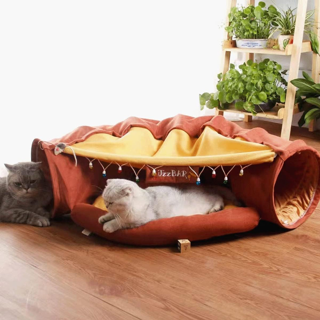 Cat Tunnel Bed for Indoor Cats – 2-in-1 Collapsible Cat Play Tunnel with Hanging Toy | Foldable Washable Cat Cave Hideaway for Kittens & Rabbits