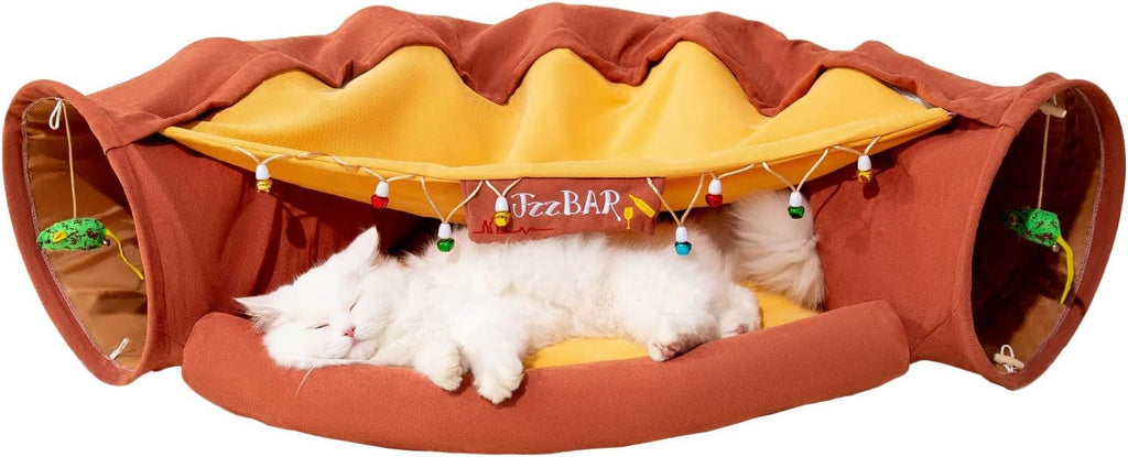 Cat Tunnel Bed for Indoor Cats – 2-in-1 Collapsible Cat Play Tunnel with Hanging Toy | Foldable Washable Cat Cave Hideaway for Kittens & Rabbits