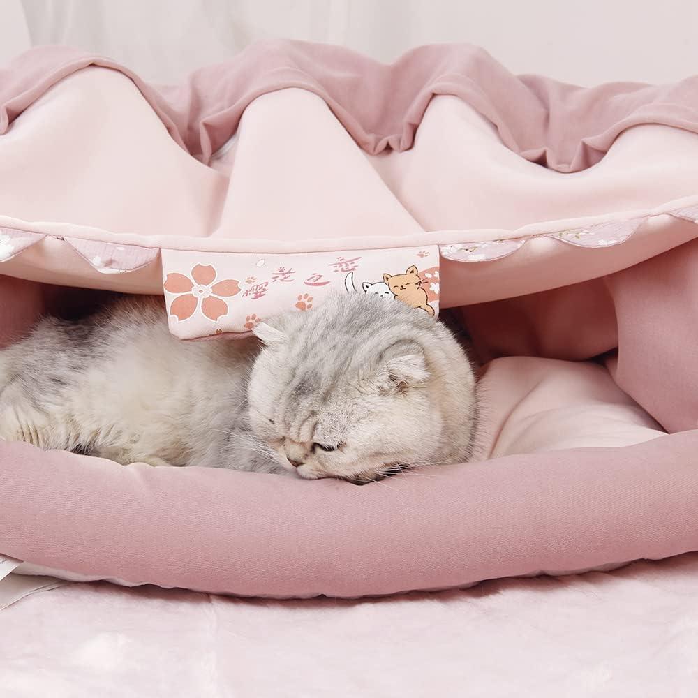 Cat Tunnel Bed for Indoor Cats – 2-in-1 Collapsible Cat Play Tunnel with Hanging Toy | Foldable Washable Cat Cave Hideaway for Kittens & Rabbits