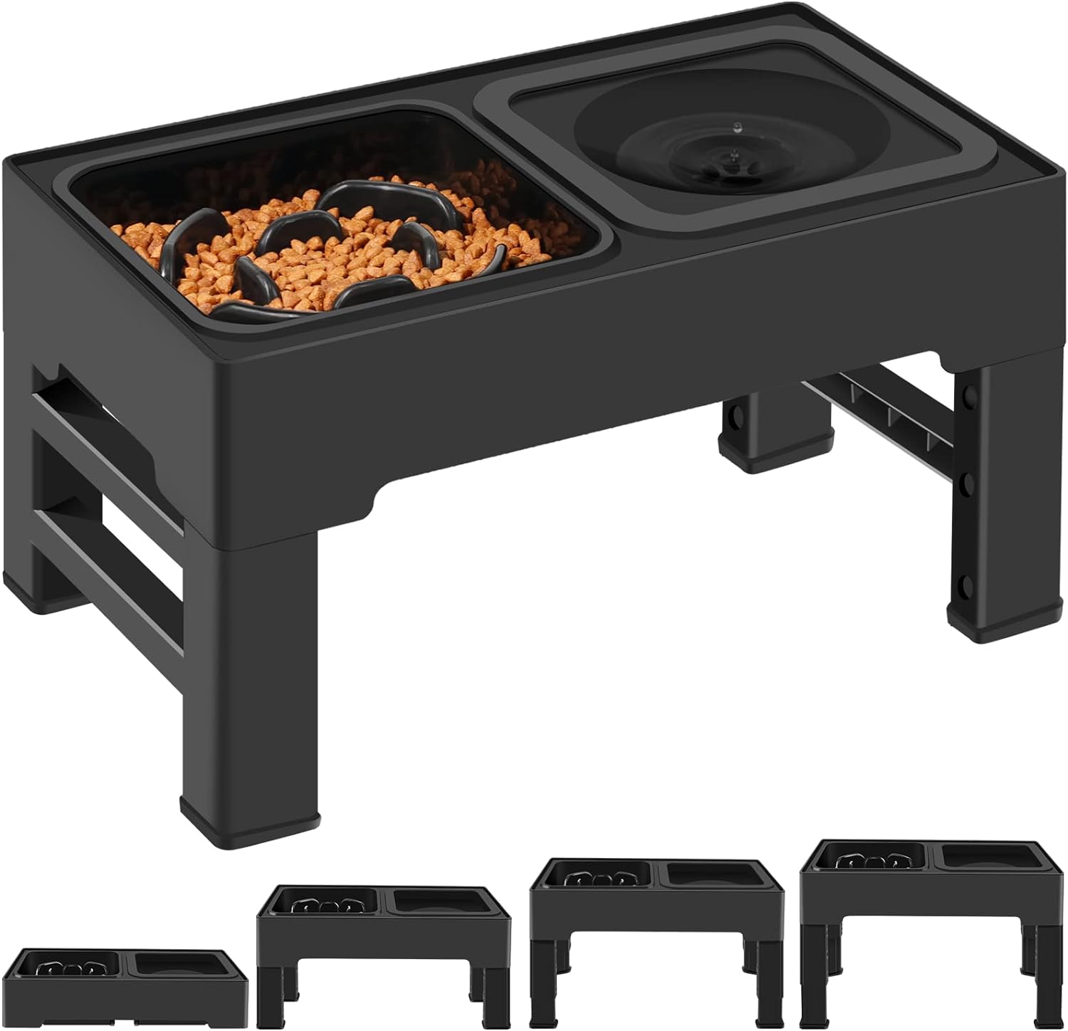 Elevated Dog Bowls – 4 Height Adjustable Raised Stand with Stainless Steel or Slow Feeder Bowl & No Spill Water Bowl | Non-Slip Dog Feeding Station for Small Medium Large Dogs