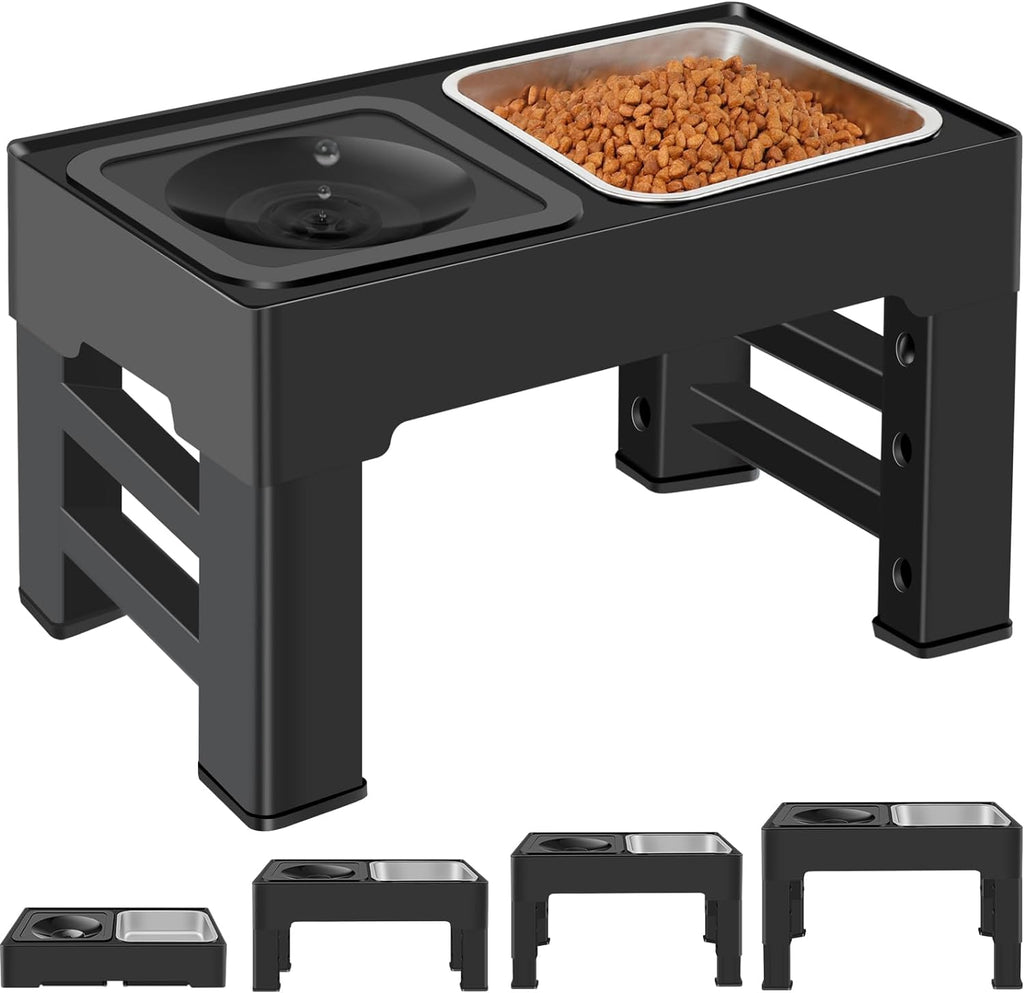 Elevated Dog Bowls – 4 Height Adjustable Raised Stand with Stainless Steel or Slow Feeder Bowl & No Spill Water Bowl | Non-Slip Dog Feeding Station for Small Medium Large Dogs