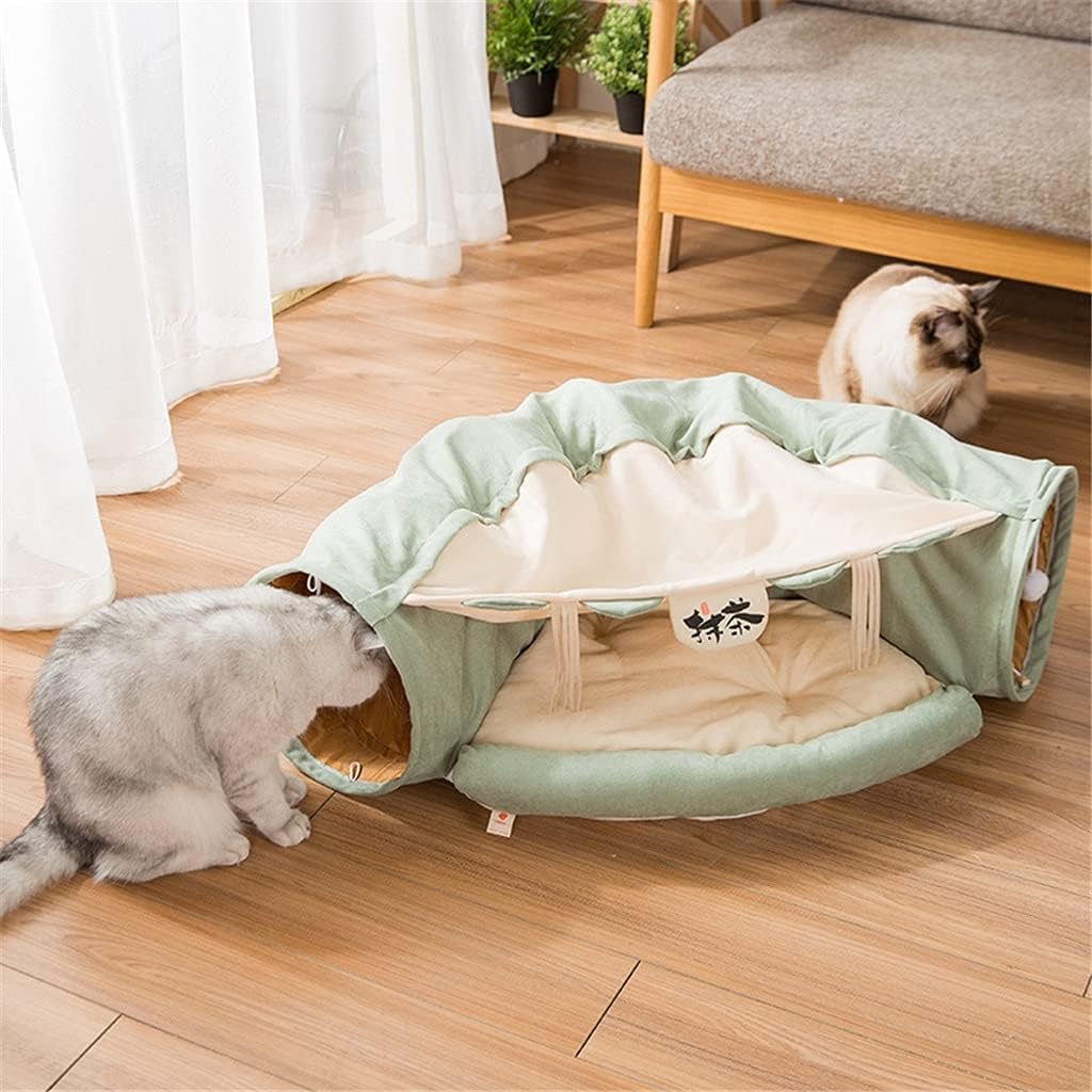 Cat Tunnel Bed for Indoor Cats – 2-in-1 Collapsible Cat Play Tunnel with Hanging Toy | Foldable Washable Cat Cave Hideaway for Kittens & Rabbits