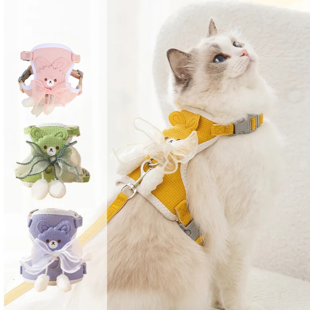 Cat Harness and Leash Set – Escape Proof Cute Bunny Design with Bow, Soft Breathable Adjustable Vest Harness, No Pull No Choke Walking Harness for Small, Medium, Large Cats and Kittens