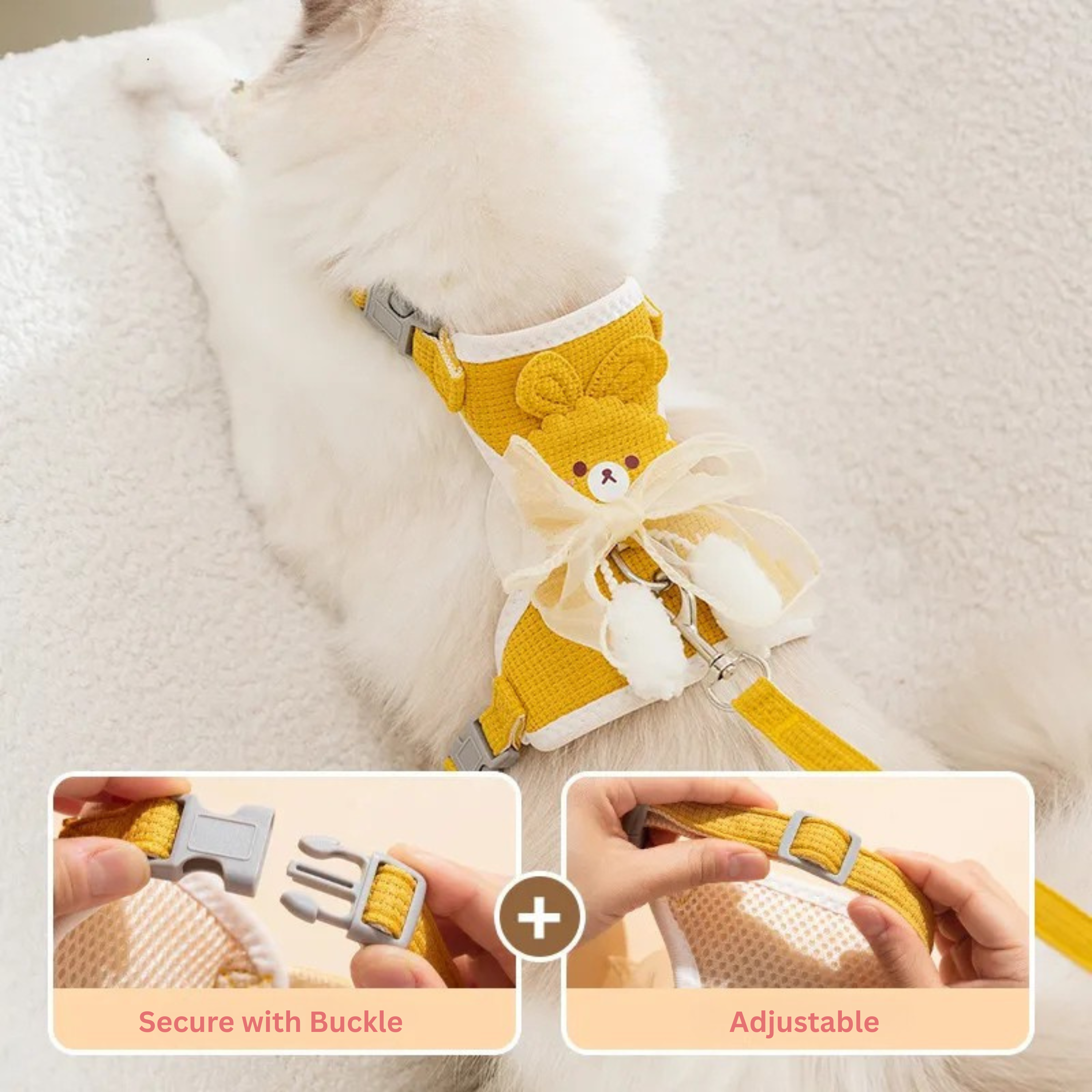 Cat Harness and Leash Set – Escape Proof Cute Bunny Design with Bow, Soft Breathable Adjustable Vest Harness, No Pull No Choke Walking Harness for Small, Medium, Large Cats and Kittens