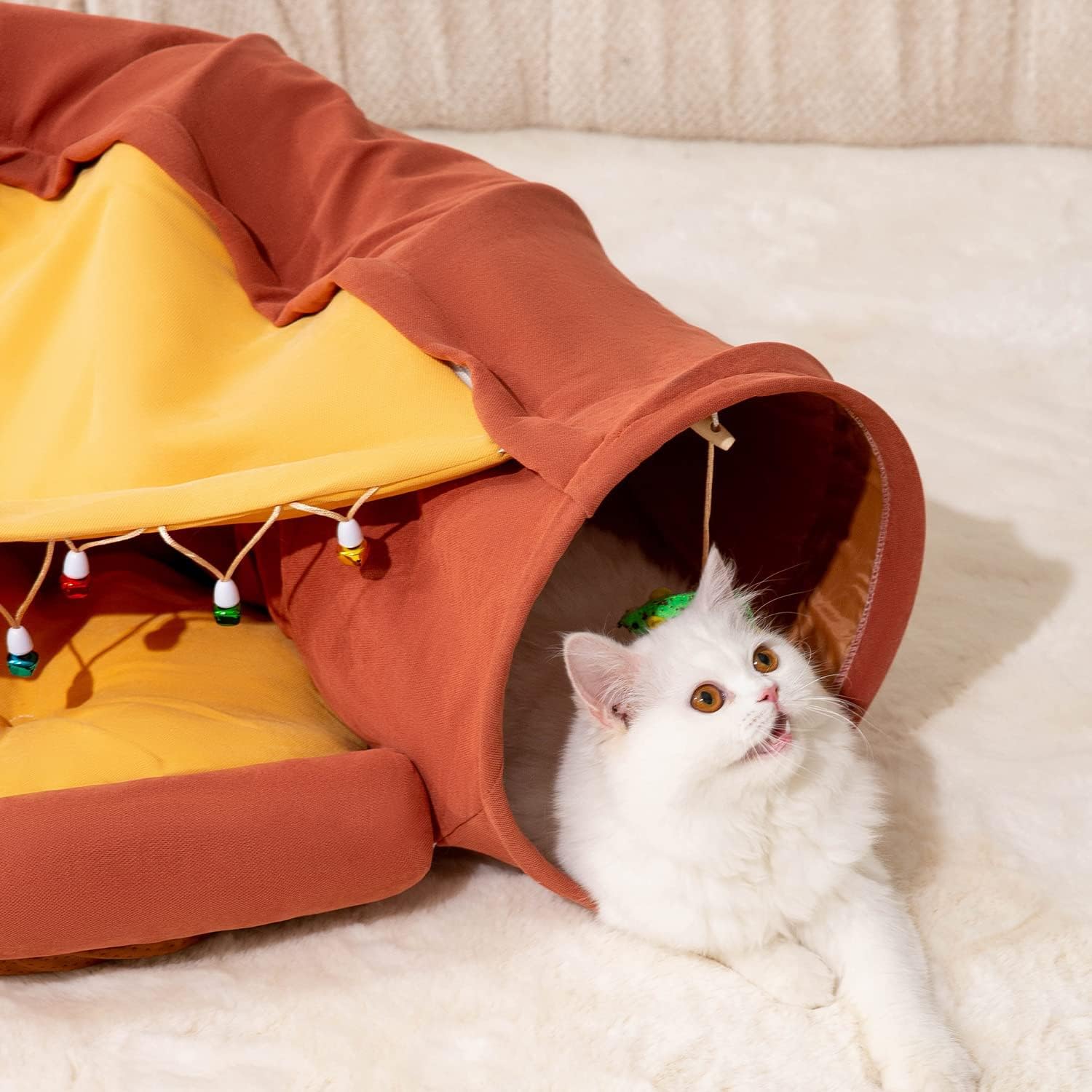 Cat Tunnel Bed for Indoor Cats – 2-in-1 Collapsible Cat Play Tunnel with Hanging Toy | Foldable Washable Cat Cave Hideaway for Kittens & Rabbits