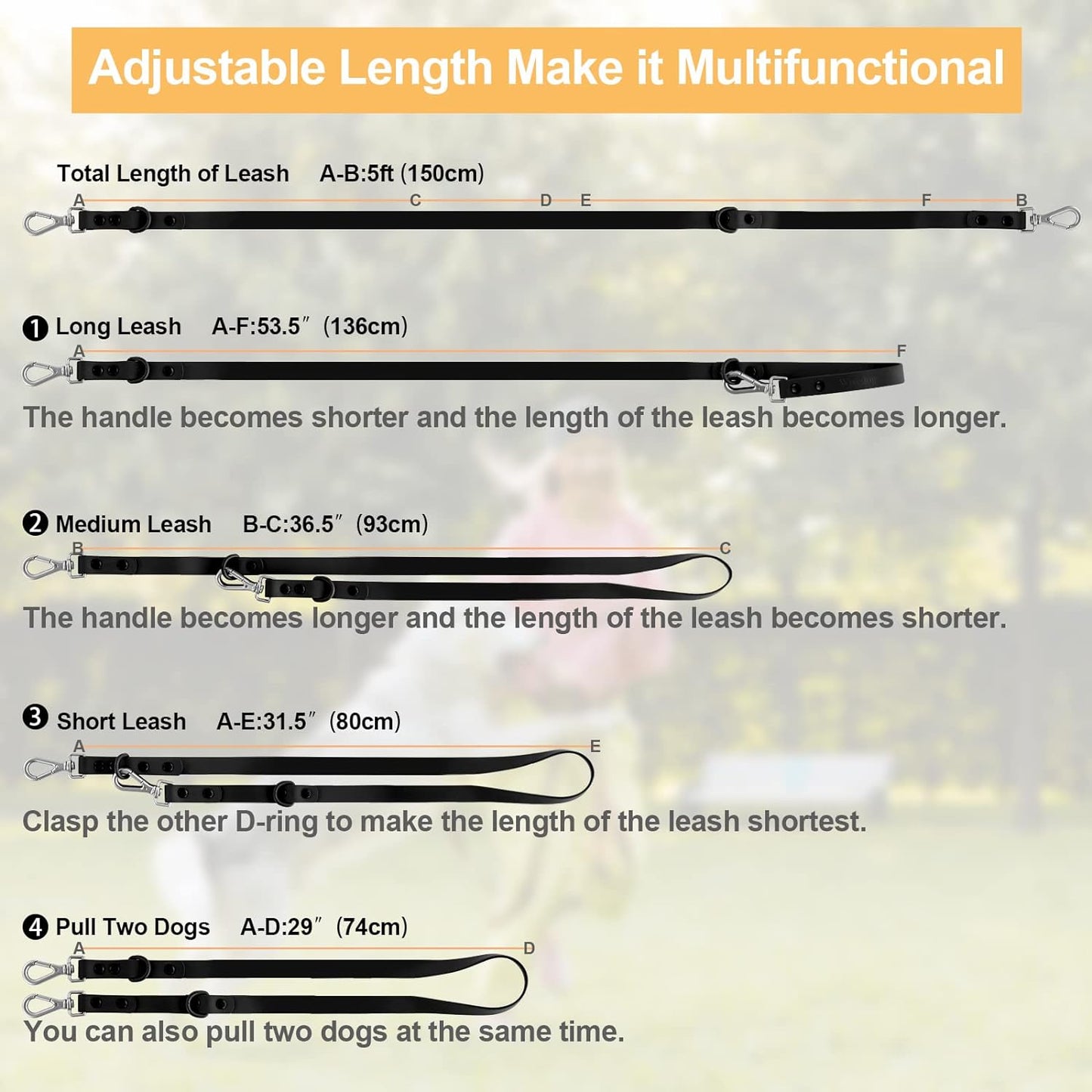 Waterproof Premium Dog leashes for Dogs with 2 Hooks,Training Leash,Adjustable Lengths for Traffic Control Safety, Durable and Odor Proof.