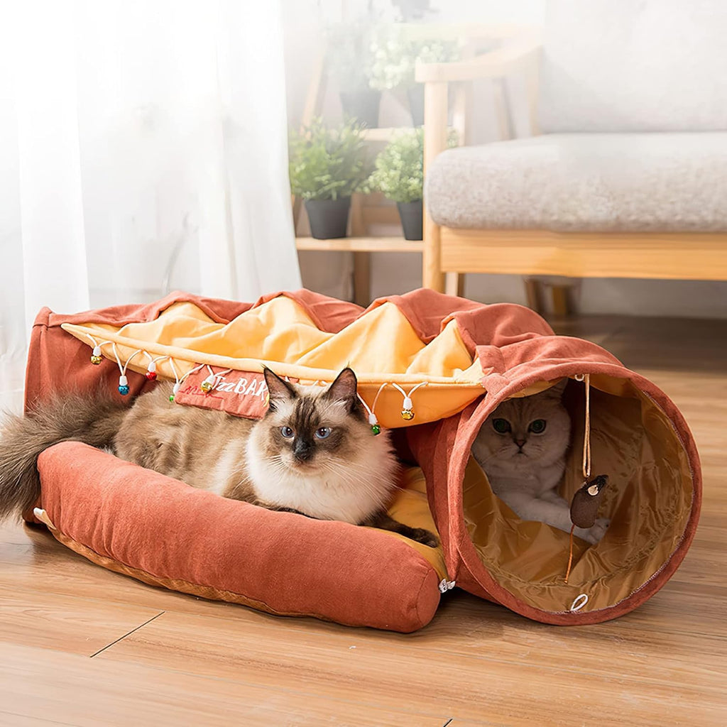 Cat Tunnel Bed for Indoor Cats – 2-in-1 Collapsible Cat Play Tunnel with Hanging Toy | Foldable Washable Cat Cave Hideaway for Kittens & Rabbits