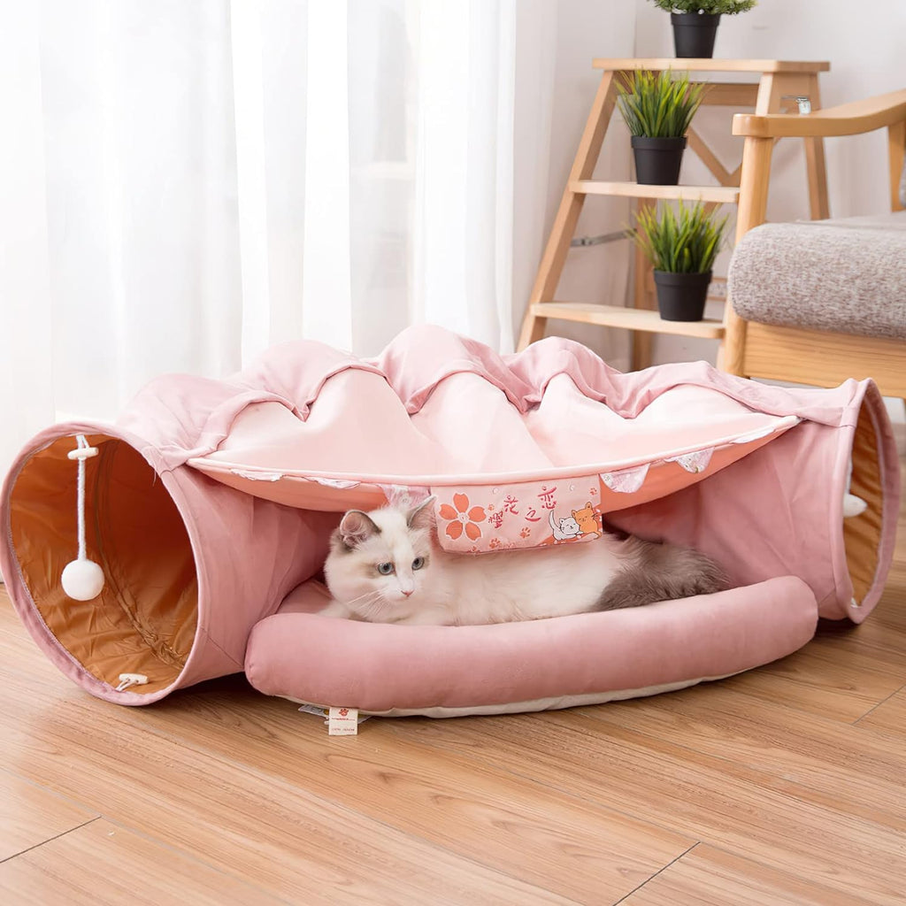 Cat Tunnel Bed for Indoor Cats – 2-in-1 Collapsible Cat Play Tunnel with Hanging Toy | Foldable Washable Cat Cave Hideaway for Kittens & Rabbits