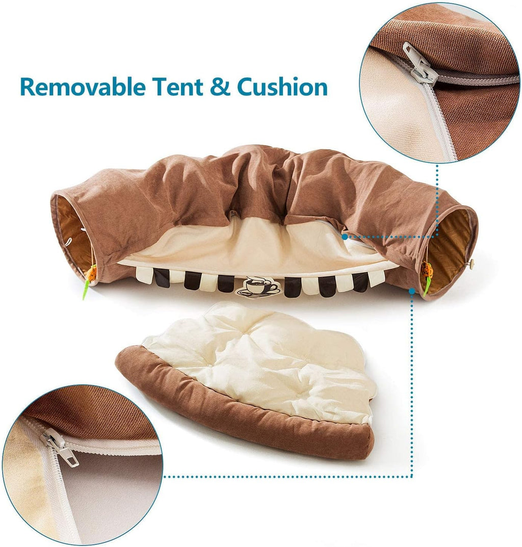Cat Tunnel Bed for Indoor Cats – 2-in-1 Collapsible Cat Play Tunnel with Hanging Toy | Foldable Washable Cat Cave Hideaway for Kittens & Rabbits