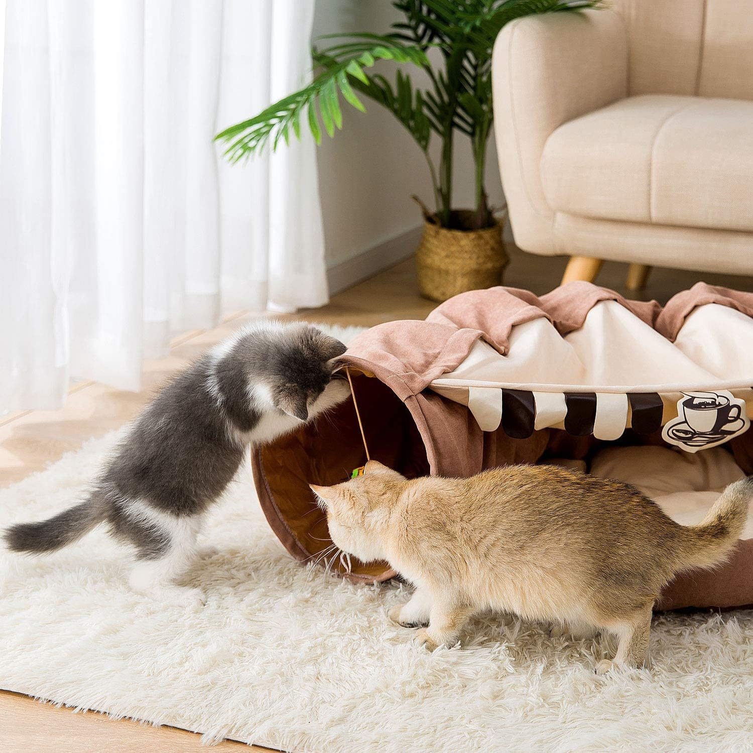 Cat Tunnel Bed for Indoor Cats – 2-in-1 Collapsible Cat Play Tunnel with Hanging Toy | Foldable Washable Cat Cave Hideaway for Kittens & Rabbits