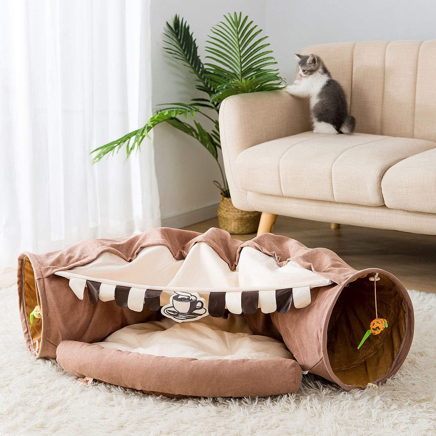 Cat Tunnel Bed for Indoor Cats – 2-in-1 Collapsible Cat Play Tunnel with Hanging Toy | Foldable Washable Cat Cave Hideaway for Kittens & Rabbits