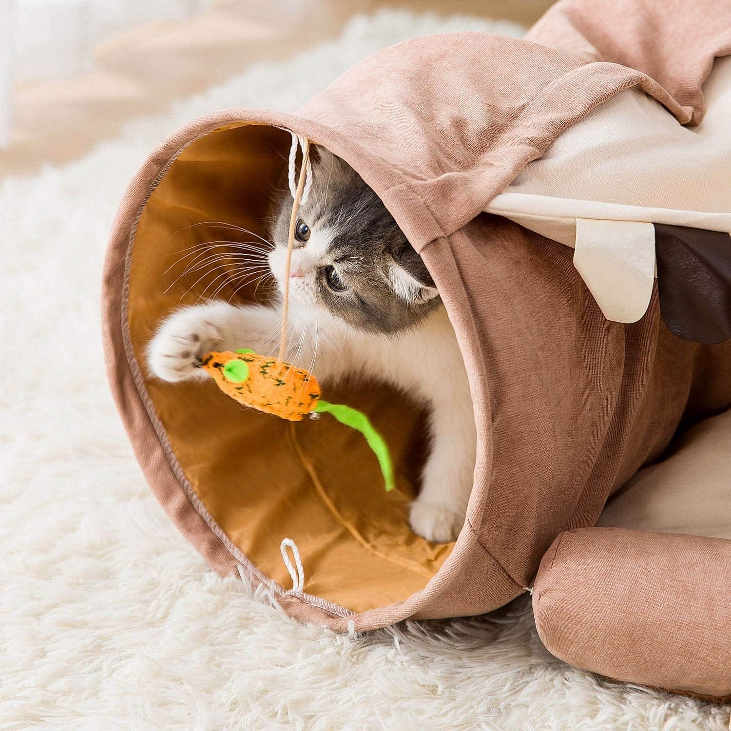 Cat Tunnel Bed for Indoor Cats – 2-in-1 Collapsible Cat Play Tunnel with Hanging Toy | Foldable Washable Cat Cave Hideaway for Kittens & Rabbits