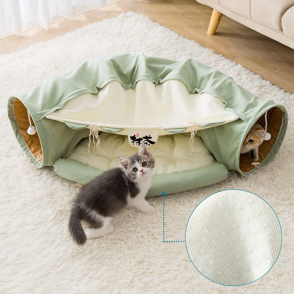 Cat Tunnel Bed for Indoor Cats – 2-in-1 Collapsible Cat Play Tunnel with Hanging Toy | Foldable Washable Cat Cave Hideaway for Kittens & Rabbits