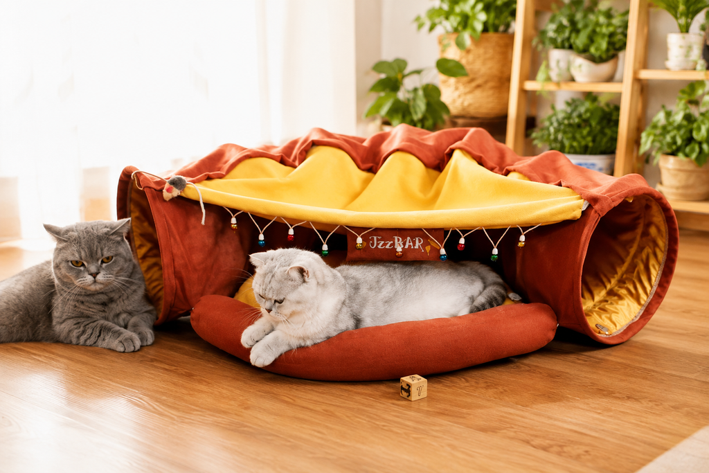 Cat Tunnel Bed for Indoor Cats – 2-in-1 Collapsible Cat Play Tunnel with Hanging Toy | Foldable Washable Cat Cave Hideaway for Kittens & Rabbits