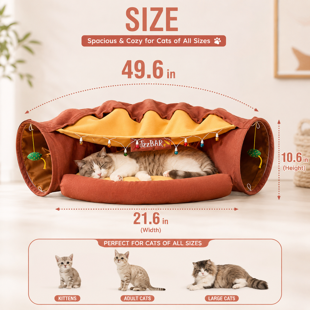 Cat Tunnel Bed for Indoor Cats – 2-in-1 Collapsible Cat Play Tunnel with Hanging Toy | Foldable Washable Cat Cave Hideaway for Kittens & Rabbits