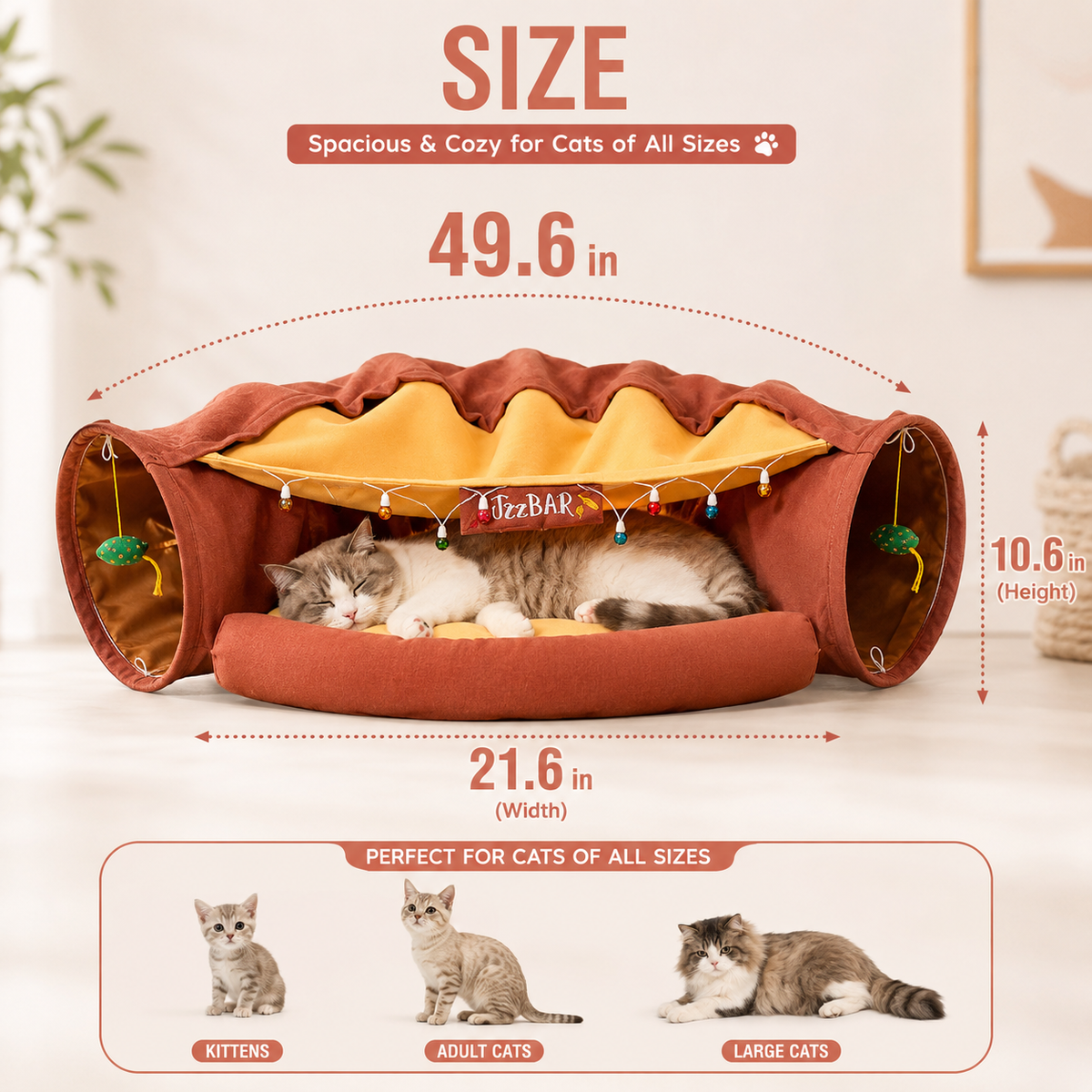 Cat Tunnel Bed for Indoor Cats – 2-in-1 Collapsible Cat Play Tunnel with Hanging Toy | Foldable Washable Cat Cave Hideaway for Kittens & Rabbits