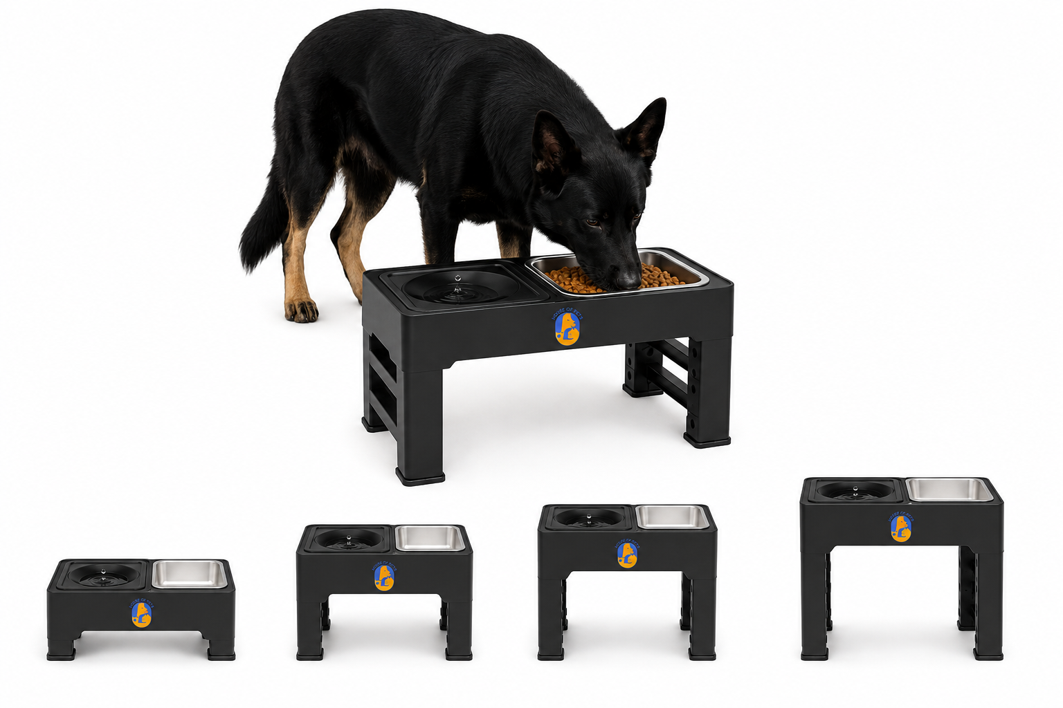 Elevated Dog Bowls – 4 Height Adjustable Raised Stand with Stainless Steel or Slow Feeder Bowl & No Spill Water Bowl | Non-Slip Dog Feeding Station for Small Medium Large Dogs