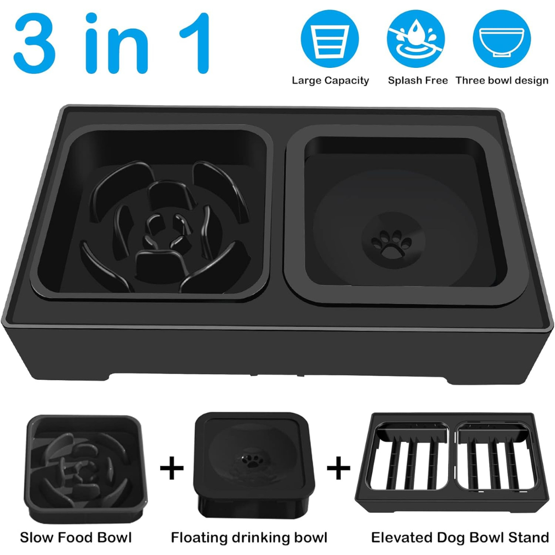 Elevated Dog Bowls – 4 Height Adjustable Raised Stand with Stainless Steel or Slow Feeder Bowl & No Spill Water Bowl | Non-Slip Dog Feeding Station for Small Medium Large Dogs