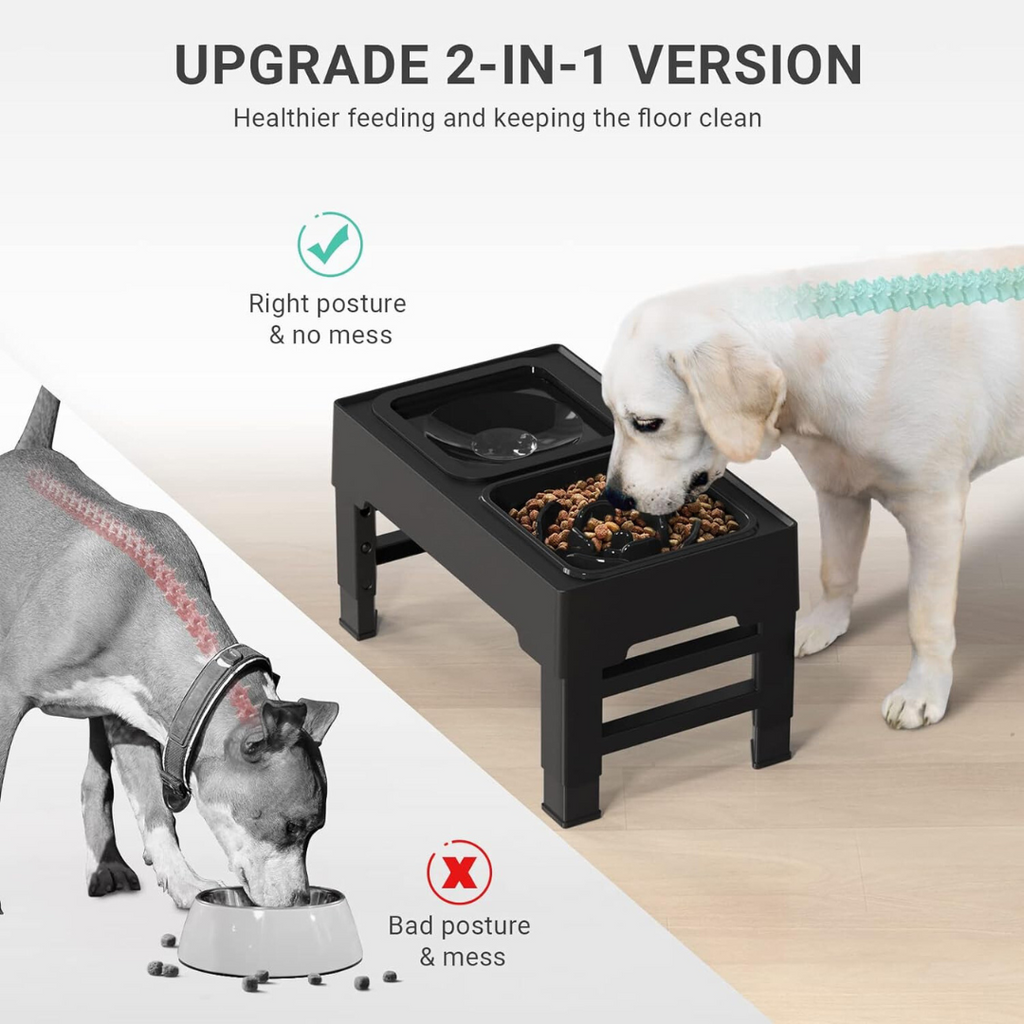 Elevated Dog Bowls – 4 Height Adjustable Raised Stand with Stainless Steel or Slow Feeder Bowl & No Spill Water Bowl | Non-Slip Dog Feeding Station for Small Medium Large Dogs