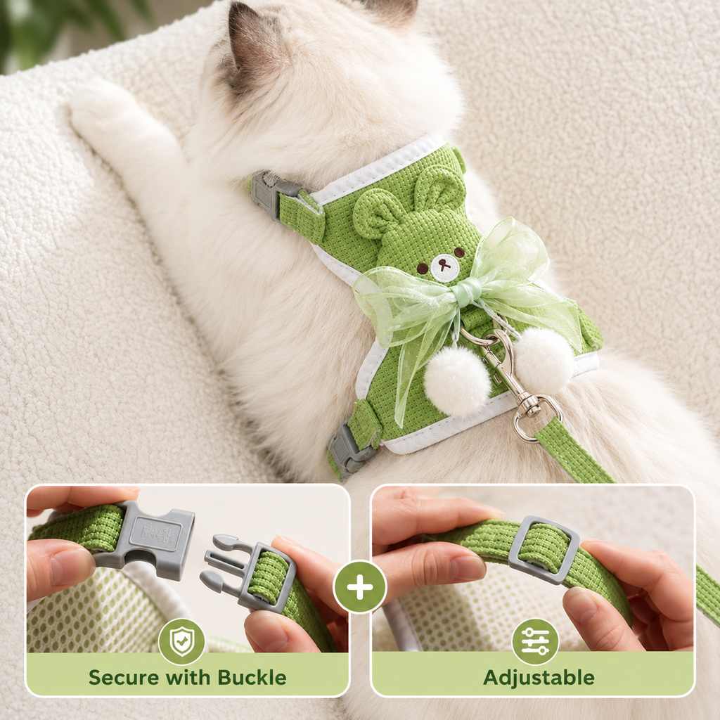 Cat Harness and Leash Set – Escape Proof Cute Bunny Design with Bow, Soft Breathable Adjustable Vest Harness, No Pull No Choke Walking Harness for Small, Medium, Large Cats and Kittens