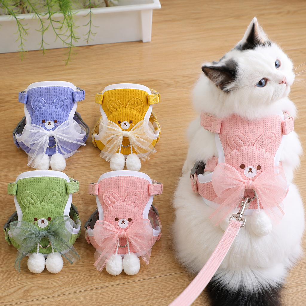 Cat Harness and Leash Set – Escape Proof Cute Bunny Design with Bow, Soft Breathable Adjustable Vest Harness, No Pull No Choke Walking Harness for Small, Medium, Large Cats and Kittens