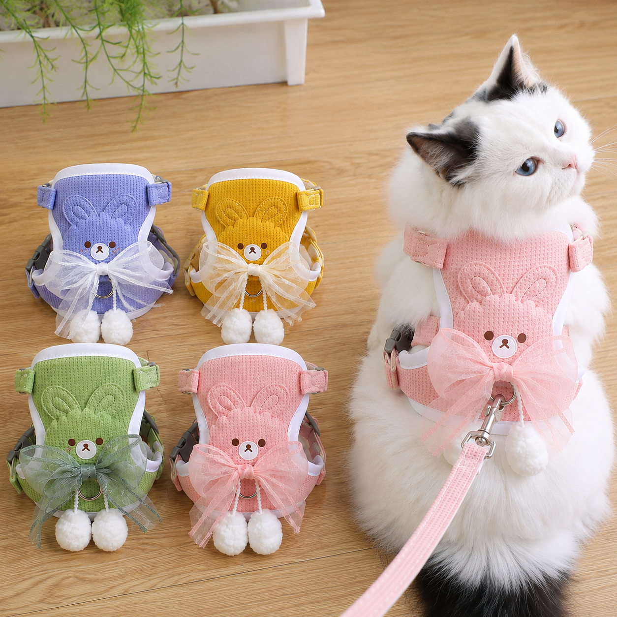 Cat Harness and Leash Set – Escape Proof Cute Bunny Design with Bow, Soft Breathable Adjustable Vest Harness, No Pull No Choke Walking Harness for Small, Medium, Large Cats and Kittens