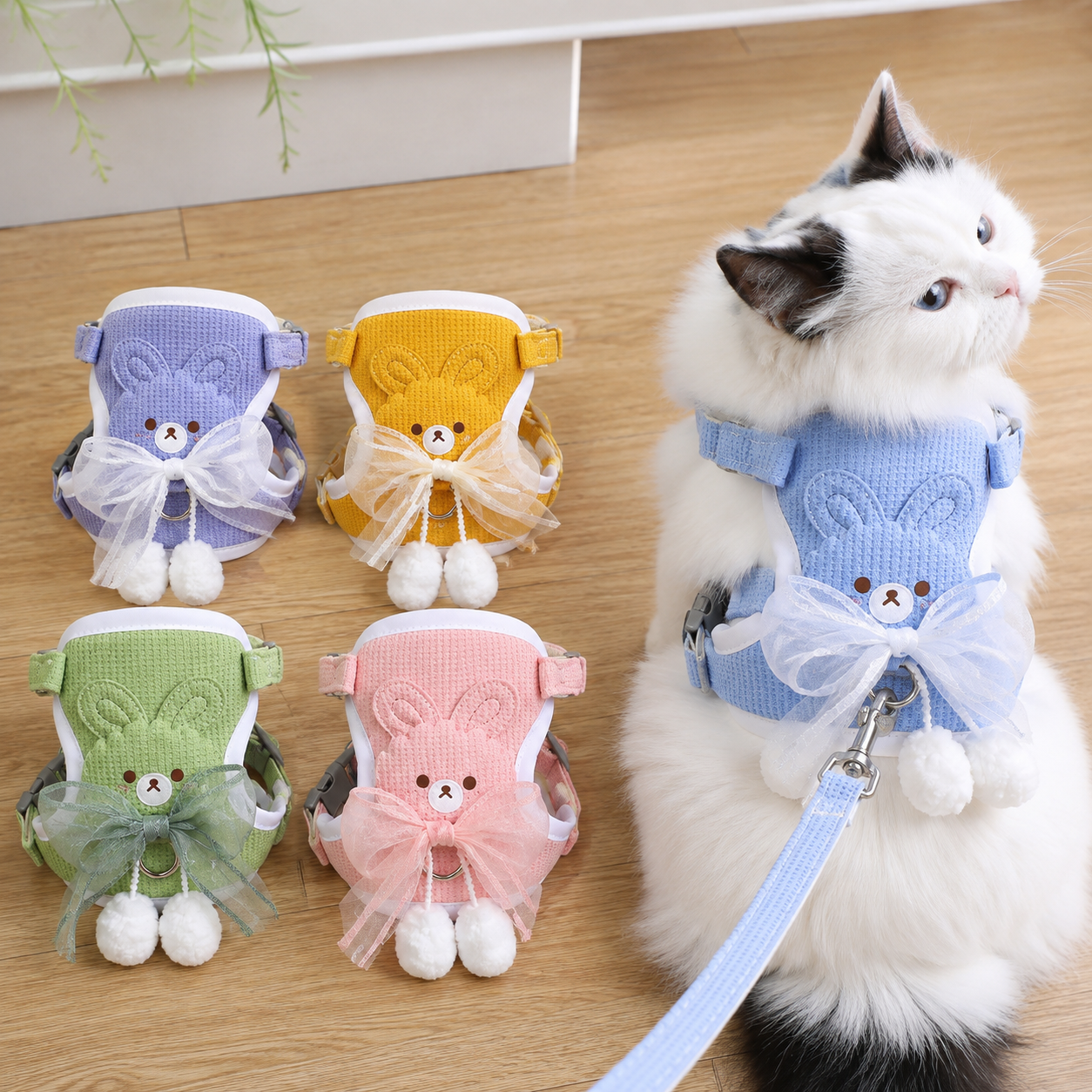 Cat Harness and Leash Set – Escape Proof Cute Bunny Design with Bow, Soft Breathable Adjustable Vest Harness, No Pull No Choke Walking Harness for Small, Medium, Large Cats and Kittens