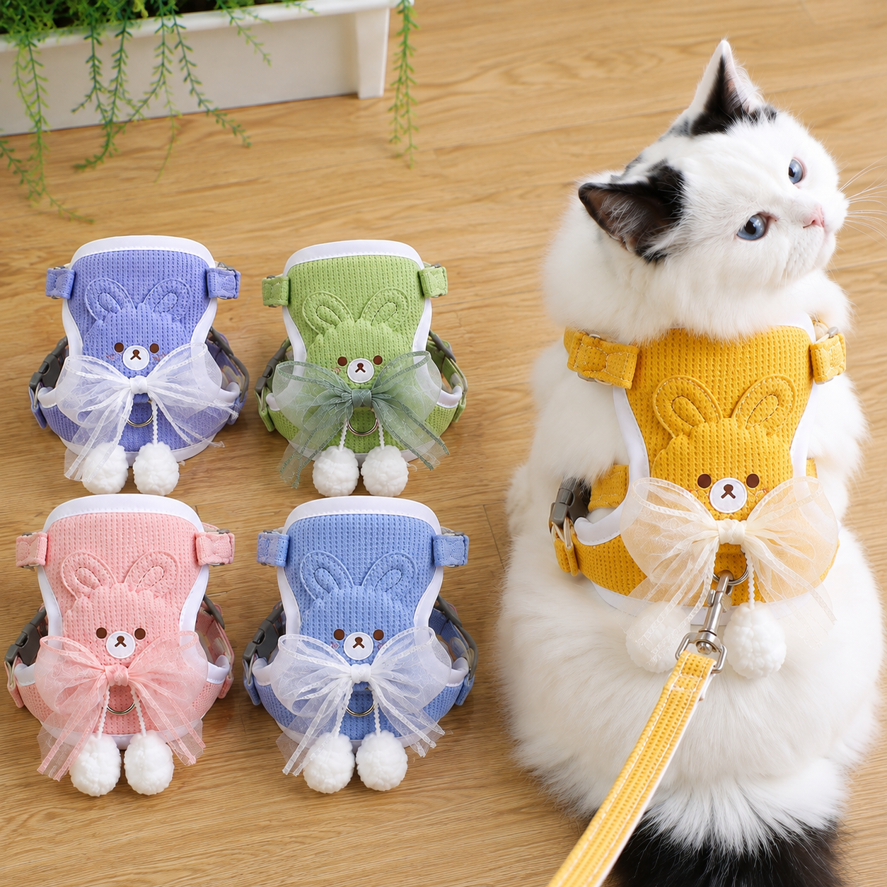 Cat Harness and Leash Set – Escape Proof Cute Bunny Design with Bow, Soft Breathable Adjustable Vest Harness, No Pull No Choke Walking Harness for Small, Medium, Large Cats and Kittens