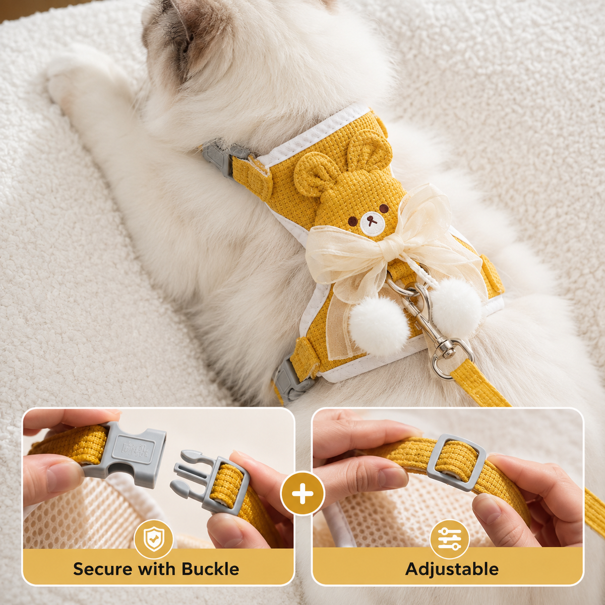 Cat Harness and Leash Set – Escape Proof Cute Bunny Design with Bow, Soft Breathable Adjustable Vest Harness, No Pull No Choke Walking Harness for Small, Medium, Large Cats and Kittens