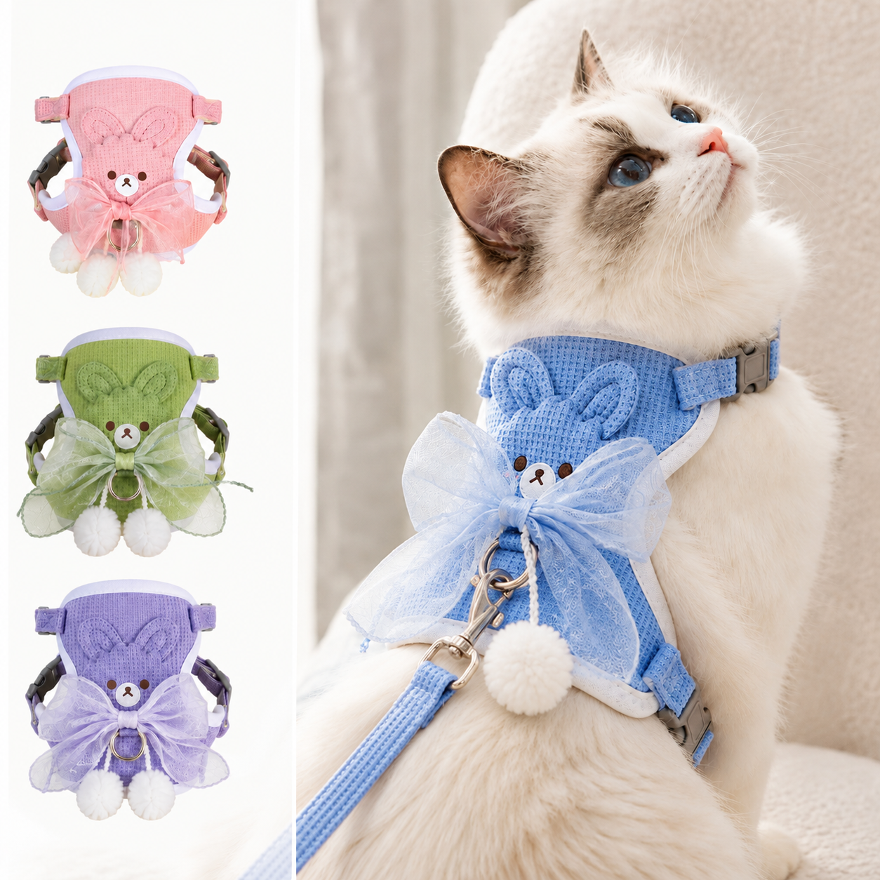 Cat Harness and Leash Set – Escape Proof Cute Bunny Design with Bow, Soft Breathable Adjustable Vest Harness, No Pull No Choke Walking Harness for Small, Medium, Large Cats and Kittens