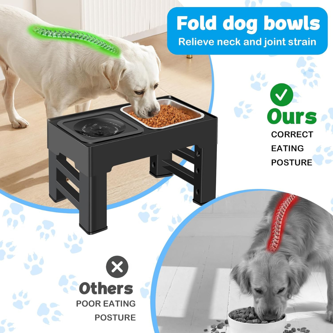 Elevated Dog Bowls – 4 Height Adjustable Raised Stand with Stainless Steel or Slow Feeder Bowl & No Spill Water Bowl | Non-Slip Dog Feeding Station for Small Medium Large Dogs